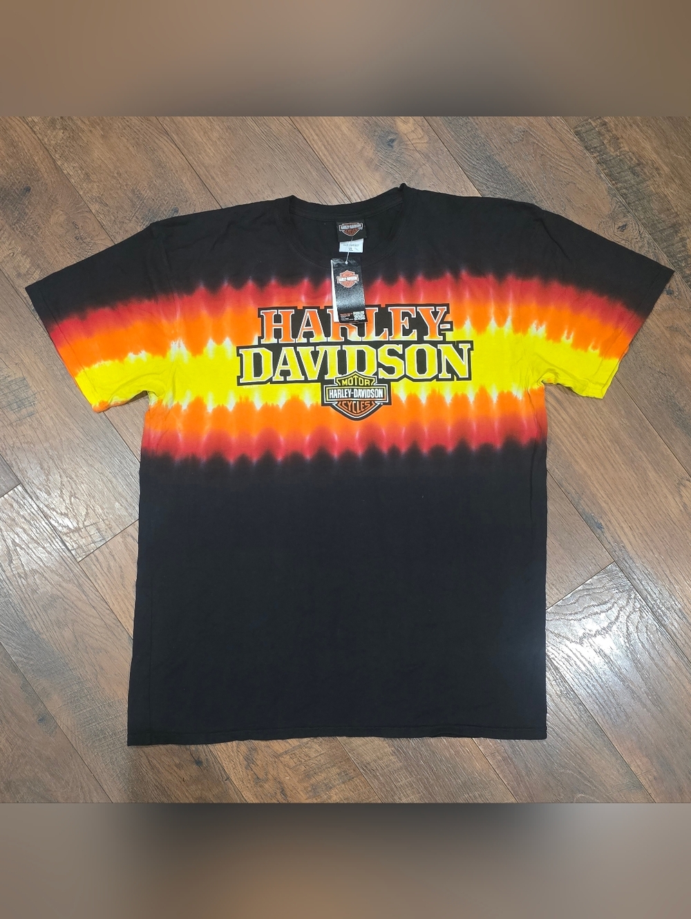 Harley-Davidson Black Tee with Yellow & Orange Tie-Dye Band
